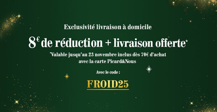 Bannière promotionnelle présentant une offre exclusive à domicile offrant 8 € de réduction et la livraison dès 70 € d’achat avec le code FROID25.