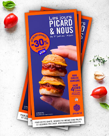 "Affiche promotionnelle  Les Jours Picard & Nous avec mini cheeseburgers et offre fid&eacute;lit&eacute; -30 %"