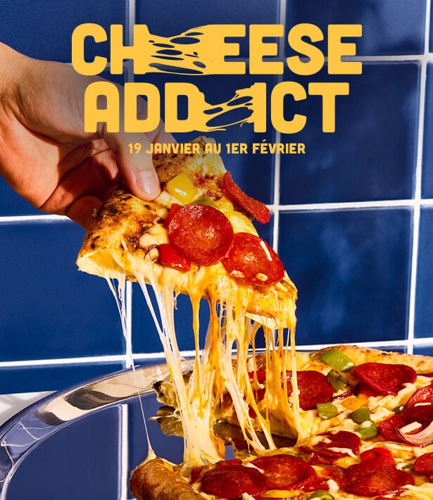 Le visuel du prospectus avec une part de pizza au fromage 