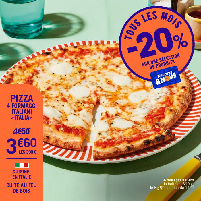 Tous les mois -20% sur une s&eacute;lection de produits avec la carte Picardetnous. Comme la pizza 4 formaggi italiani "italia" &agrave; 3&euro;60 les 390g s au lieu de 4&euro;50. 4 fromages italiens. La bo&icirc;te de 390g, 9&euro;93 le kg au lieu de 11&euro;53. Produit cuisin&eacute; en Italie, cuite au feu de bois.