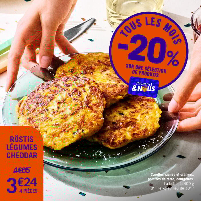 Tous les mois -20% sur une s&eacute;lection de produits avec la carte Picardetnous. Comme les r&ouml;stis l&eacute;gumes cheddar &agrave; 3&euro;24 les 4 pi&egrave;ces au lieu de 4&euro;05. Carottes jaunes et oranges, pomme de terre, courgettes. La bo&icirc;te de 400 g, 8&euro;10 le kg au lieu de 10&euro;12.