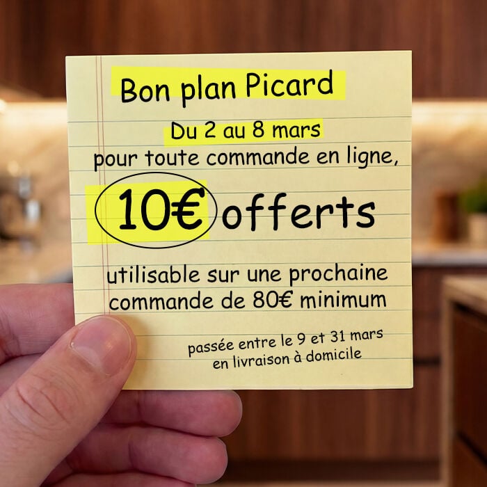 Bon plan picard : Du 2 au 8 mars pour toute commande en ligne, 10&euro; offerts utilisable sur une prochaine commande de 80&euro; minimum pass&eacute;e entre le 9 et le 31 mars en livraison &agrave; domicile.