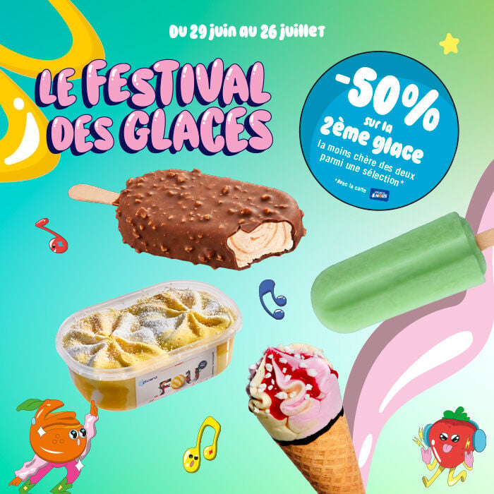 Le festival des glaces, du 20 juin au 26 juillet, 50% sur la 2&egrave;me glace la moins ch&egrave;re des deux parmi une s&eacute;lection, avec la carte picard et nous.