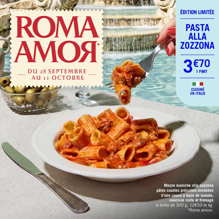 Roma Amor du 28 septembre au 12 octobre, Pasta alla zozzona, cuisin&eacute; en italie, 3&euro;70 la part. Mezze maniche alla zozzona p&acirc;tes courtes pr&eacute;cuites enrob&eacute;es d'un sauce &agrave; base de tomate, saucisse cuite et fromage, la boite de 300g, soit 12&euro;33 le kg.