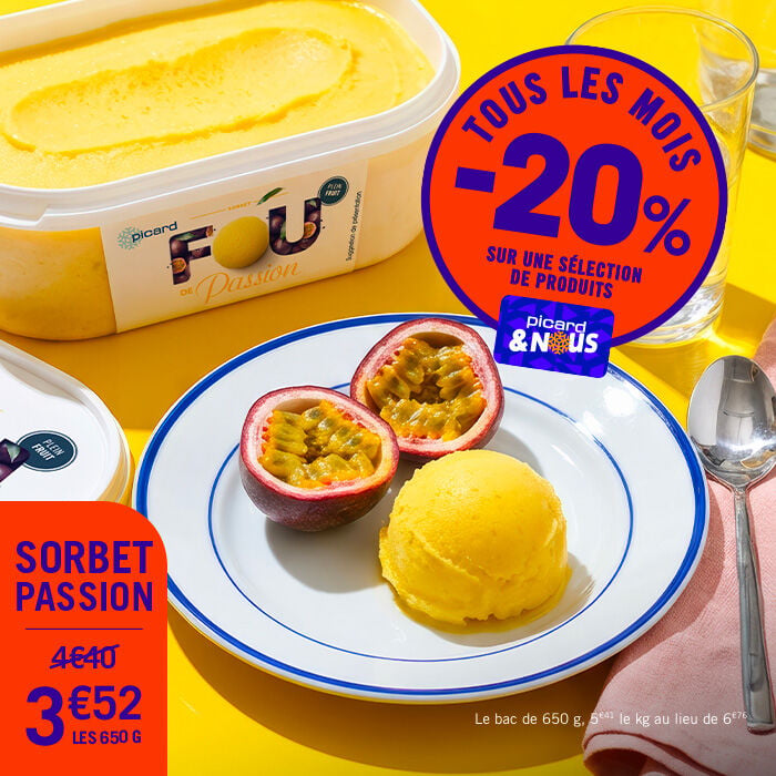 Tous les mois -20% sur une s&eacute;lection de produits avec la carte Picardetnous. Comme le sorbet passion &agrave; 3&euro;52 les 650 grammes au lieu de 4&euro;40. Le bac de 650g, 5&euro;41 le kg au lieu de 6&euro;76.