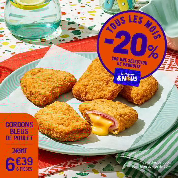 Tous les mois -20% sur une s&eacute;lection de produits avec la carte Picardetnous. Comme les cordons bleus de poulet &agrave; 6&euro;39 les 6 pi&egrave;ces au lieu de 7&euro;99. Le sachet de 600g, 10&euro;65 le kg au lieu de 13&euro;31.