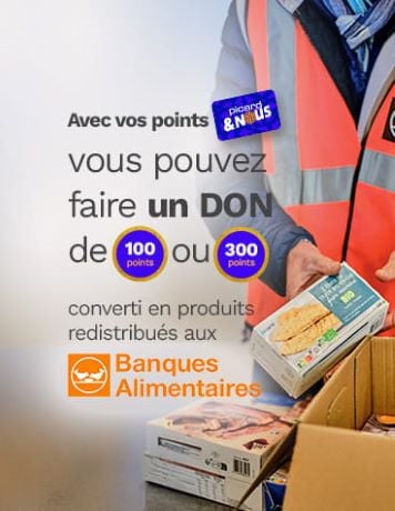Affiche présentant la possibilité de faire des dons avec ses points pour qu'il soit converti en produits pour les banques alimentaires