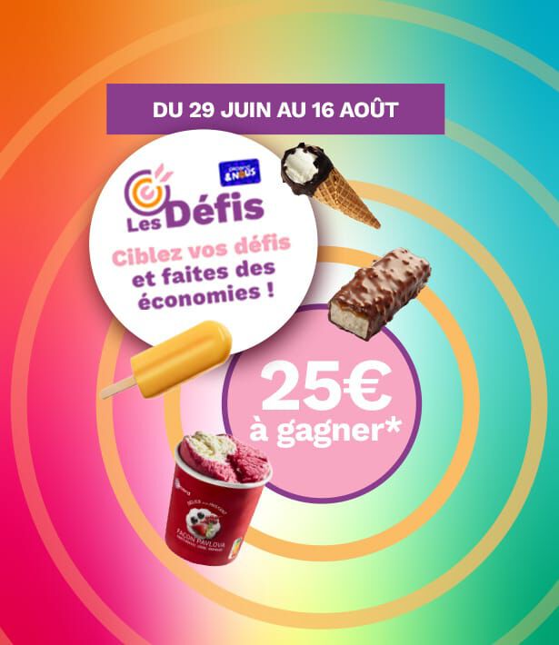 Affiche promotionnelle color&eacute;e &ldquo;Les D&eacute;fis&rdquo; Picard  du 29 juin au 16 ao&ucirc;t avec visuels de glaces (cornet, b&acirc;tonnet, bac et esquimau) et mention &ldquo;25 &euro; &agrave; gagner&rdquo; avec la carte Picard & Nous