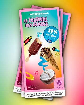 "Affiche promotionnelle  Le Festival des Glaces avec une offre fid&eacute;lit&eacute; -50 % sur la 2&egrave;me glace parmi une s&eacute;lection, valable avec la carte picard et nous"