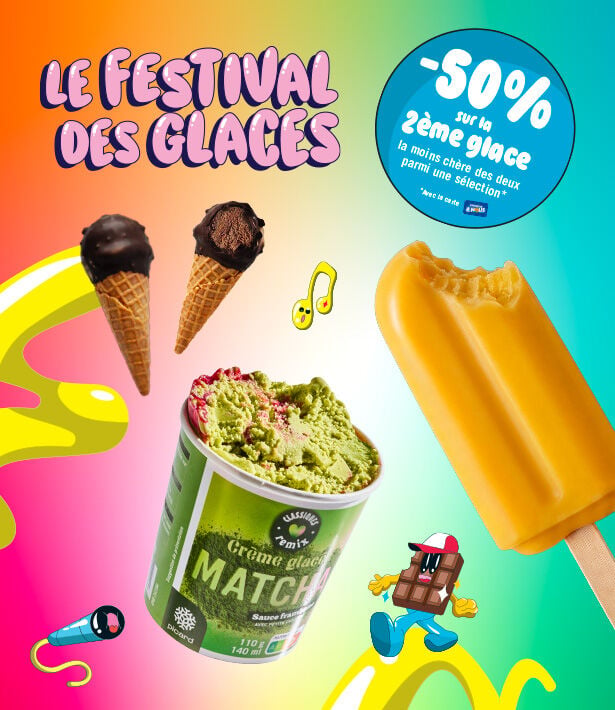Affiche color&eacute;e &laquo; Le festival des glaces &raquo; pr&eacute;sentant plusieurs glaces : deux cornets chocolat, un pot de glace matcha et un b&acirc;tonnet orange, avec une offre promotionnelle de -50 % sur la deuxi&egrave;me glace.