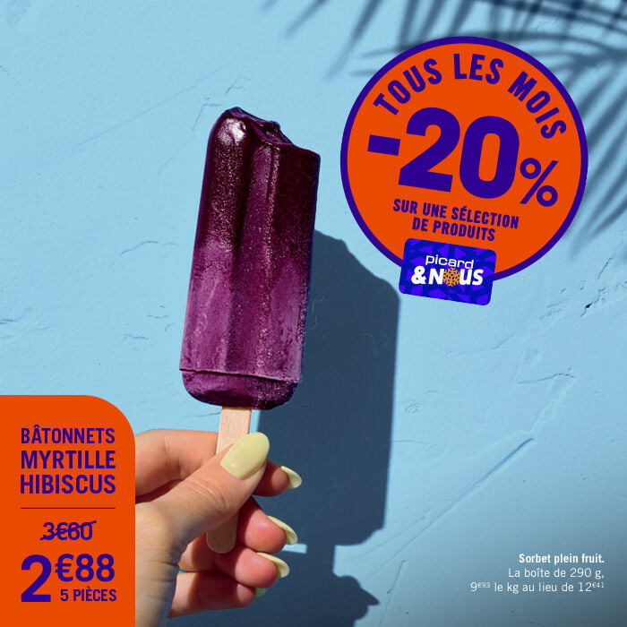 Tous les mois -20% sur une s&eacute;lection de produits avec la carte Picardetnous. Comme les b&acirc;tonnets myrtille hibiscus &agrave; 2&euro;88 les 5 pi&egrave;ces au lieu de 3&euro;60. Sorbet plein fruit.. La bo&icirc;te de 290 g, 9&euro;93 le kg au lieu de 12&euro;41.