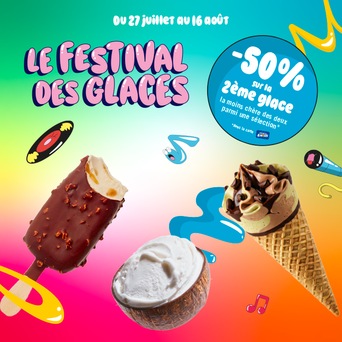 Le festival des glaces, du 27 juillet au 16 ao&ucirc;t, 50% sur la 2&egrave;me glace la moins ch&egrave;re des deux parmi une s&eacute;lection, avec la carte picard et nous.