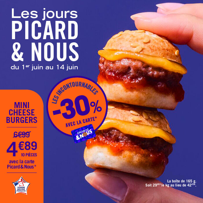 Les Jours Picard et Nous, du 1er au 14 juin, avec tous les incontournables &agrave; -30% avec la carte picard et nous. Comme les mini cheese burgers &agrave; 4&euro;89 au lieu de 6&euro;99 les 10 pi&egrave;ces. La bo&icirc;te de 165g. Soit 29&euro;63 le kg au lieu de 42&euro;36.