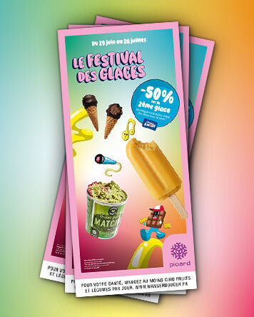 "Affiche promotionnelle  Le Festival des Glaces avec une offre fid&eacute;lit&eacute; -50 % sur la 2&egrave;me glace parmi une s&eacute;lection, valable avec la carte picard et nous"