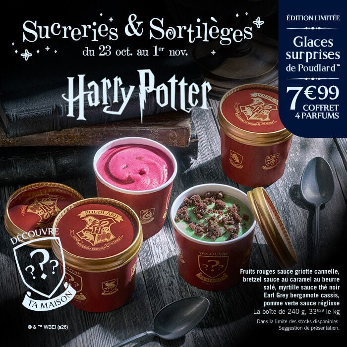 Edition limit&eacute;e, glaces surprises de Poudlard, 7&euro;99 les le coffret de  4 parfums,. Sucreries & Sortil&egrave;ges, du 23 octobre au 1er novembre, Harry Potter.Fruits rouges sauce griotte cannelle, bretzel sauce au caramel au beurre sal&eacute;, myrtille sauce th&eacute; noir Earl Grey bergamote cassis, pomme verte sauce r&eacute;glisse  La bo&icirc;te de 240 g, 33&euro;29 le kg  Dans la limite des stocks disponibles. Suggestion de pr&eacute;sentation.