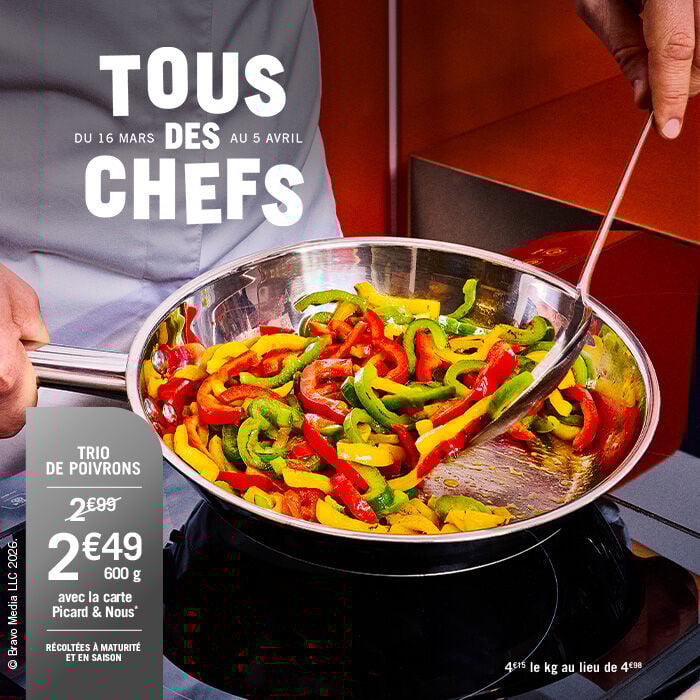 S&eacute;lection Tous des chefs, du 16 mars au 5 avril. Trio de poivrons 600g &agrave; 2&euro;49 au lieu de 2&euro;99 avec la carte Picard & Nous. R&eacute;colt&eacute;es &agrave; maturit&eacute; et en saison.