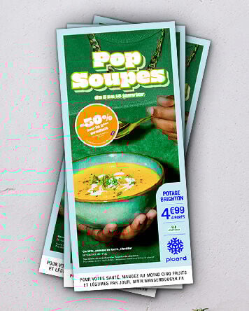 Visuel d'un catalogue avec en couverture un bol de soupes qui presente la nouvelle op&eacute;ration Pop Soupes