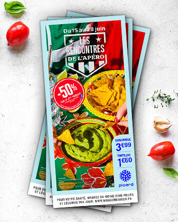 Affiche promotionnelle Picard &ldquo;Les rencontres de l&rsquo;ap&eacute;ro&rdquo; du 15 au 28 juin avec guacamole, tortillas et -50 % sur une s&eacute;lection de produits ap&eacute;ritifs