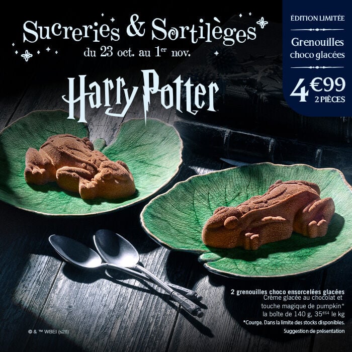 Edition limit&eacute;e, grenouilles choco glac&eacute;es, 4&euro;99 les 2 pi&egrave;ces,. Sucreries & Sortil&egrave;ges, du 23 octobre au 1er novembre, Harry Potter. 2 grenounilles choco ensorcel&eacute;es glac&eacute;s, cr&egrave;me glac&eacute;e au chocolat et touche magique de courge, la bo&icirc;te de 140g, 35,64 le kilo
