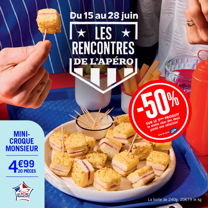 Op&eacute;ration Les Rencontres de l'Ap&eacute;ro, du 15 au 28 juin, avec une offre &agrave; -50% sur le 2&egrave;me produit le moins cher des deux parmi une s&eacute;lection avec la carte Picardetnous. Parmi la s&eacute;lection, les mini croque-monsieur, &agrave; 4&euro;99 les 20 pi&egrave;ces. Labellis&eacute; Le Porc Fran&ccedil;ais. La bo&icirc;te de 240 g, 20&euro;79 le kg.