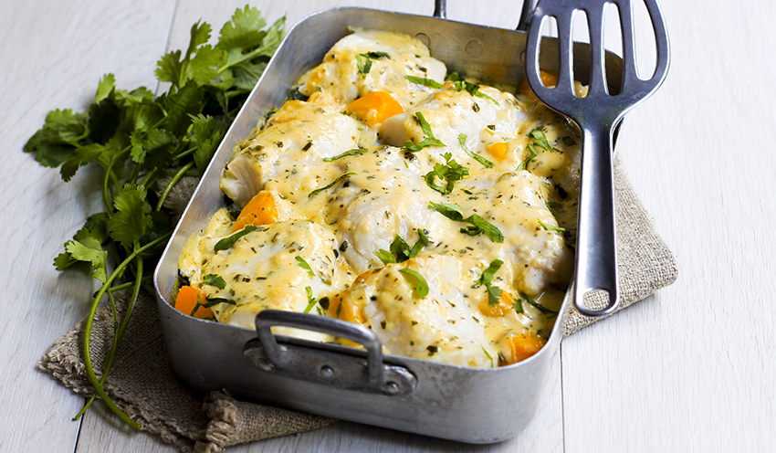 Dos de Merlu, &eacute;pinards et mangue