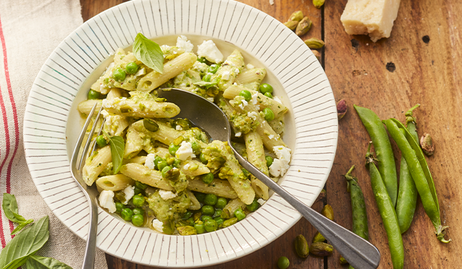 Penne pesto de pistache et petits pois