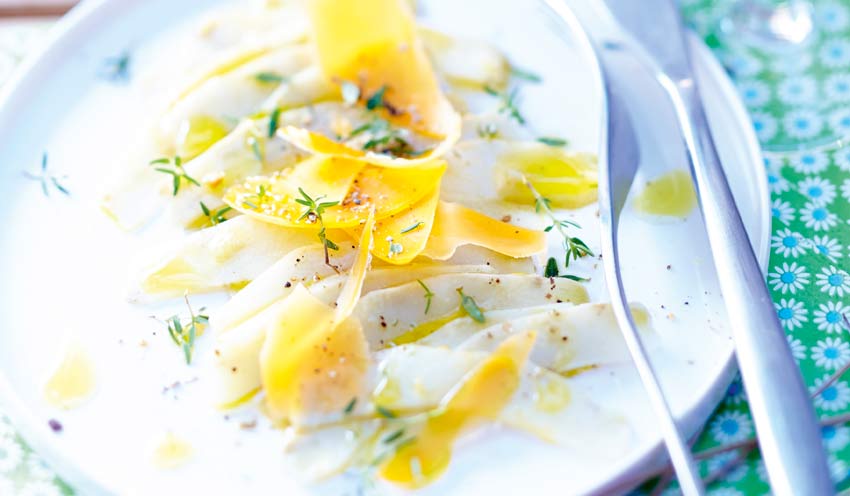 Carpaccio d&rsquo;artichauts, mimolette vieille