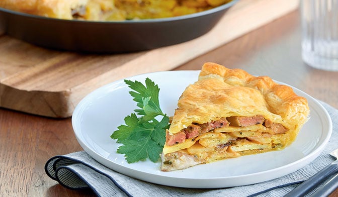 Tourte c&egrave;pes, foie gras et pomme de terre