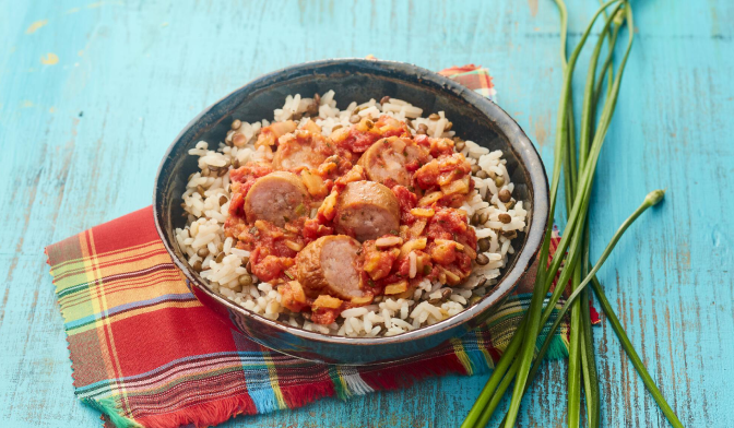 Rougail saucisse, riz lentilles cuisinées — vue 2