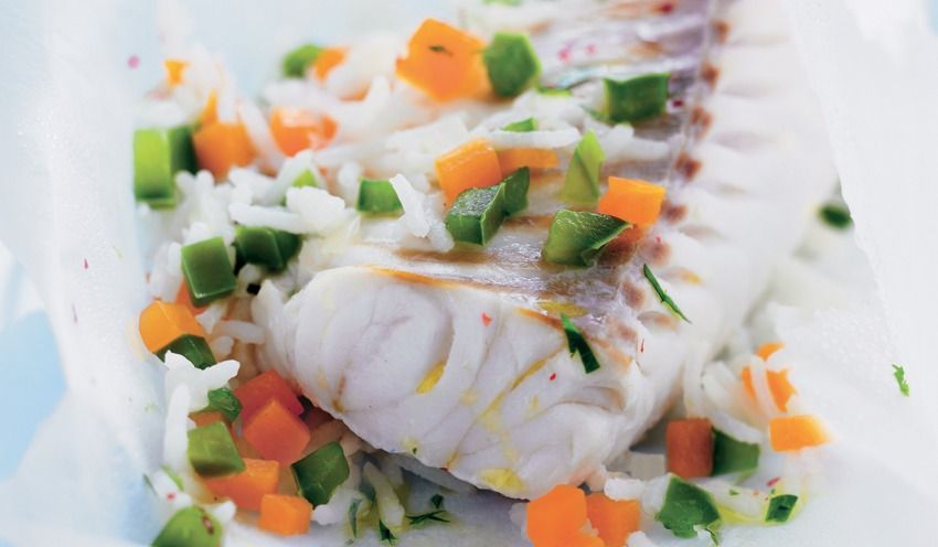 Papillote de cabillaud et riz aux petits l&eacute;gumes