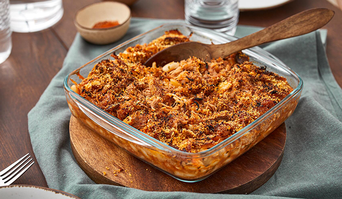 Mogettes mijot&eacute;es et gratin&eacute;es au pulled pork