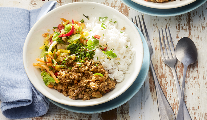 Curry de b&oelig;uf aux lentilles, l&eacute;gumes et riz basmati