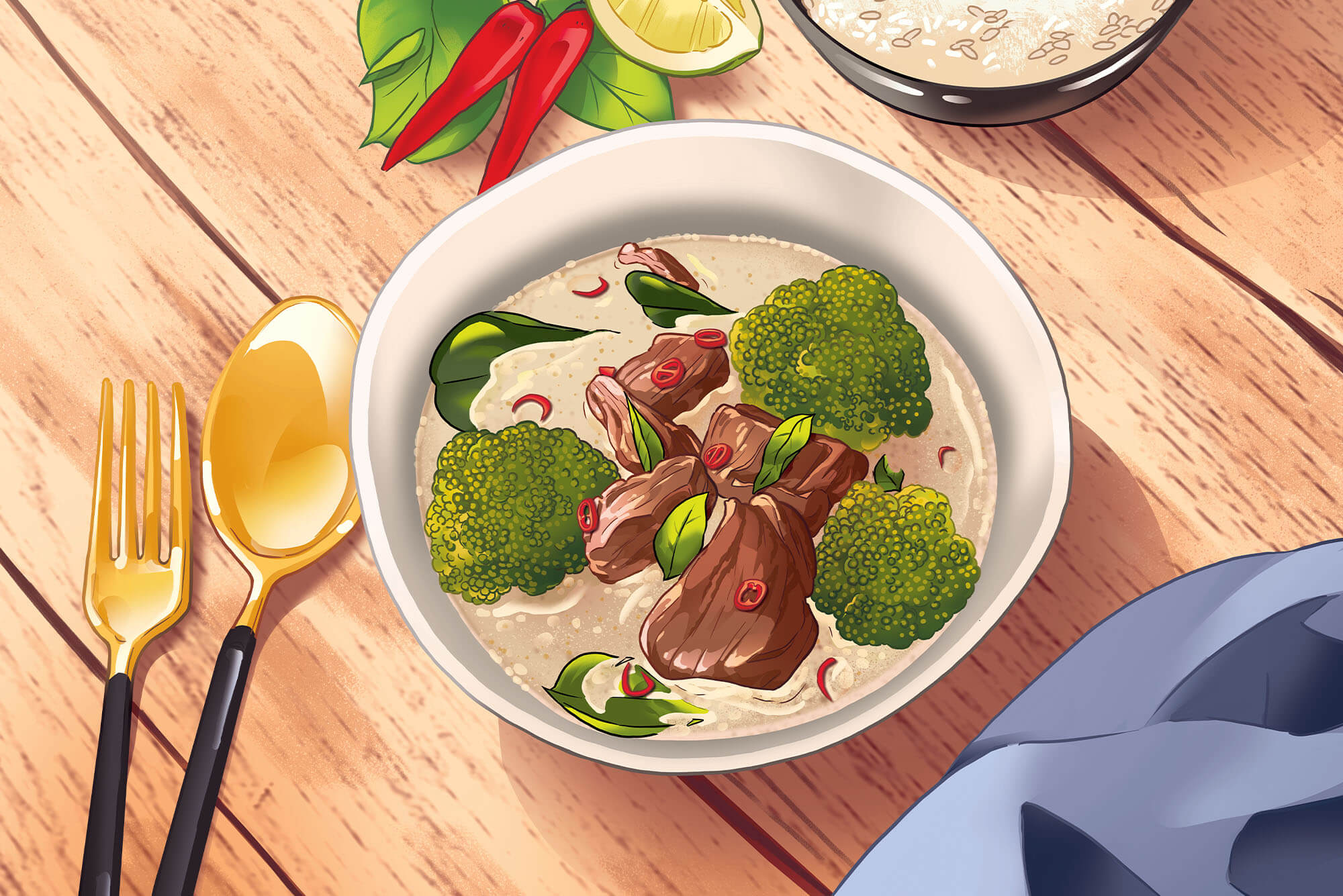 Soupe de curry vert au b&oelig;uf & brocolis