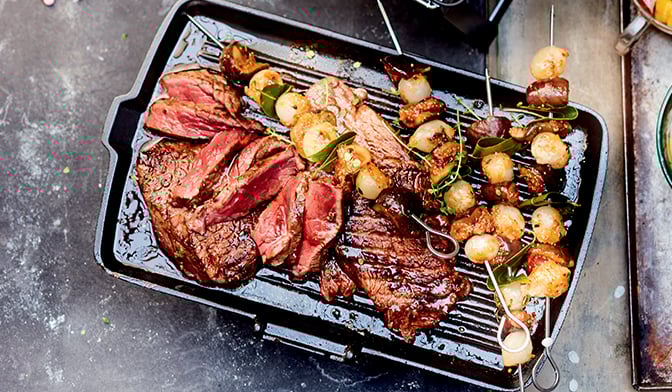 Rumsteck, brochette figue-oignons grelots au thym