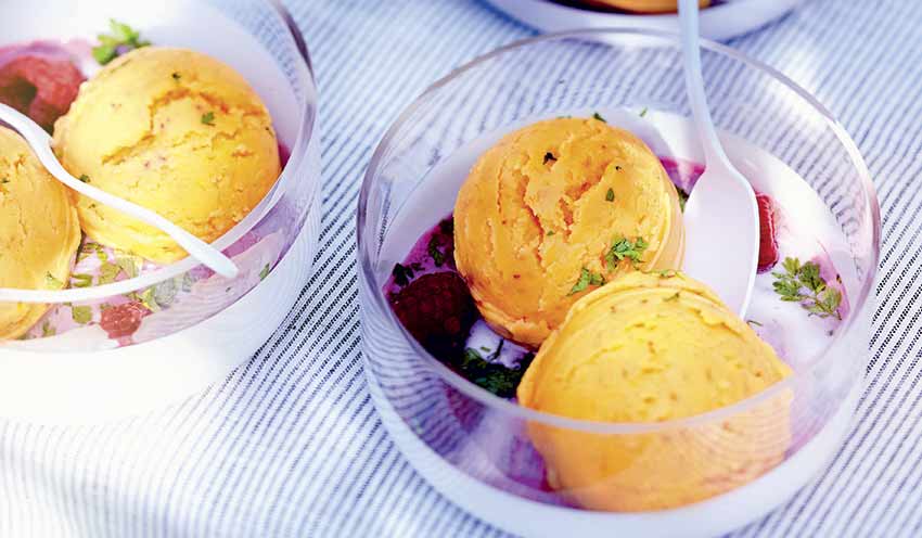 Sorbet mangue au lait de coco, coriandre et framboise