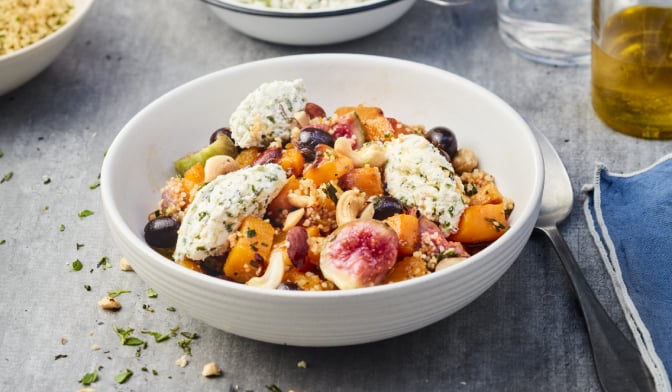 Taboul&eacute; aux courges, figues et fromage frais aux herbes