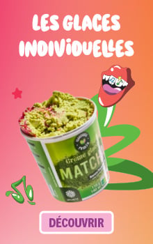 Les glaces individuelles, pot de glace saveur matcha avec le bouton &laquo; D&eacute;couvrir &raquo;
