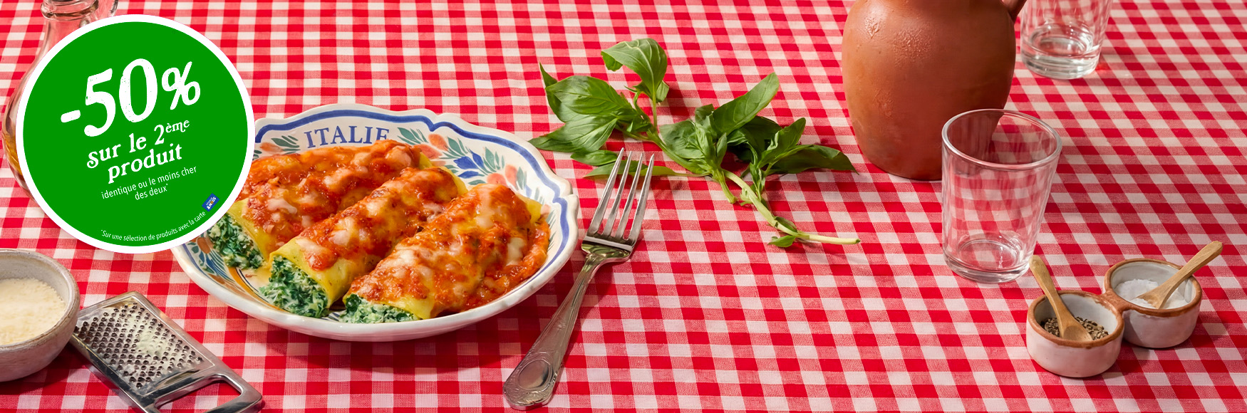 visuel d'un plat de cannelloni &agrave; l&rsquo;italienne ricotta &eacute;pinard avec un sticker -50% sur le 2&egrave;me produit