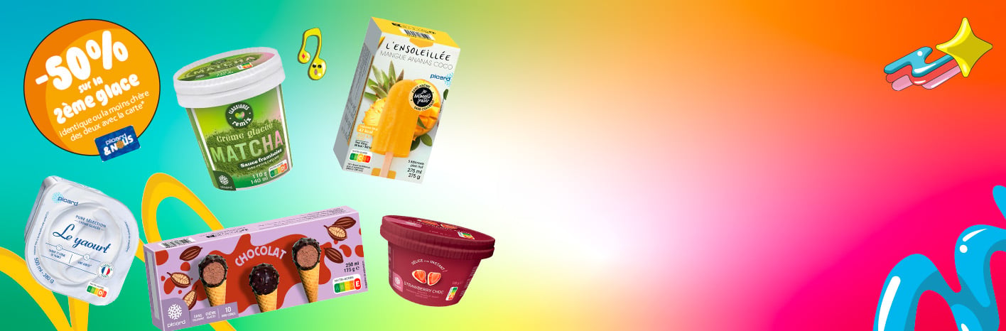 Visuel &laquo; Tout nouveau &raquo; pr&eacute;sentant plusieurs glaces Picard en pot et bouch&eacute;es glac&eacute;es aux saveurs ube, amande et chocolat