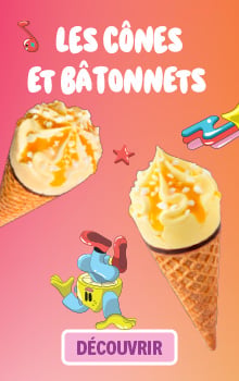 Les c&ocirc;nes glac&eacute;s et b&acirc;tonnets glac&eacute;s Picard avec le texte &laquo; Les c&ocirc;nes et b&acirc;tonnets &raquo; et un bouton &ldquo;D&eacute;couvrir&rdquo;