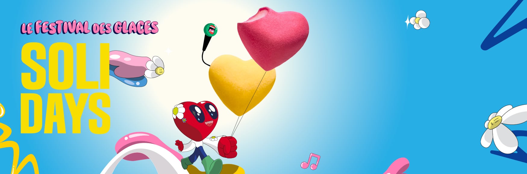  Banni&egrave;re pr&eacute;sentant les glaces Picard Solidays avec deux mochis glac&eacute;s en forme de c&oelig;ur rose et jaune, accompagn&eacute;es du texte &ldquo;Le festival des glaces&rdquo; et &ldquo;Solidays&rdquo;.