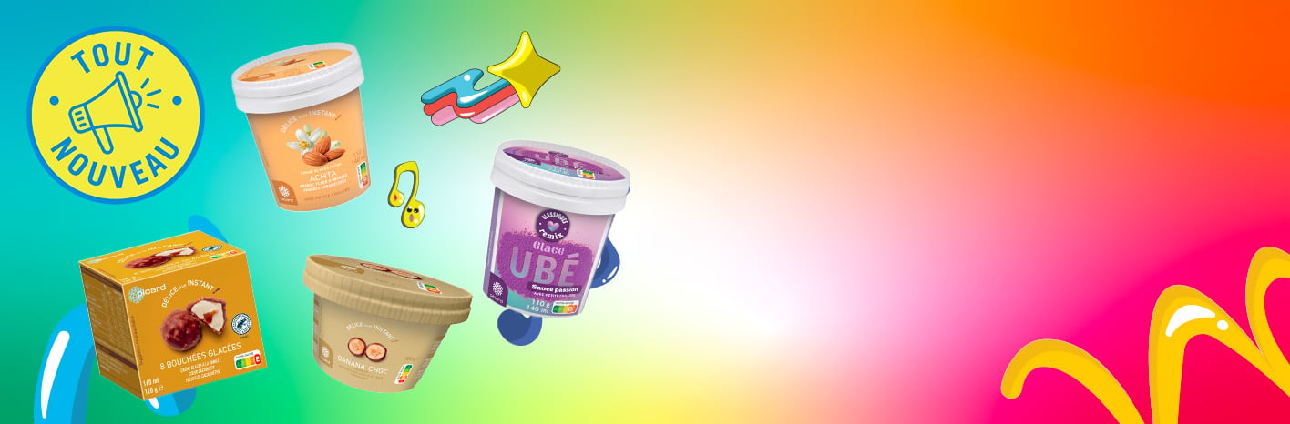 Visuel &laquo; Tout nouveau &raquo; pr&eacute;sentant plusieurs glaces Picard en pot et bouch&eacute;es glac&eacute;es aux saveurs ube, amande et chocolat