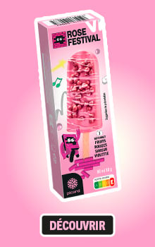 Packaging de glace Picard &eacute;dition Rose Festival montrant une glace rose avec des inclusions, sur un visuel rose avec le logo Rose Festival