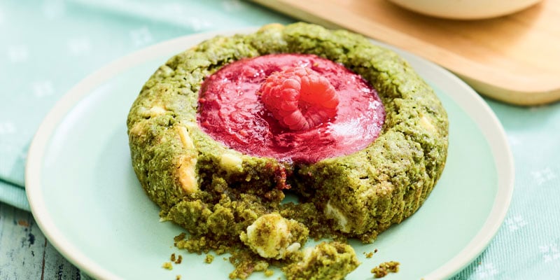 Cookie matcha, chocolat blanc, framboise