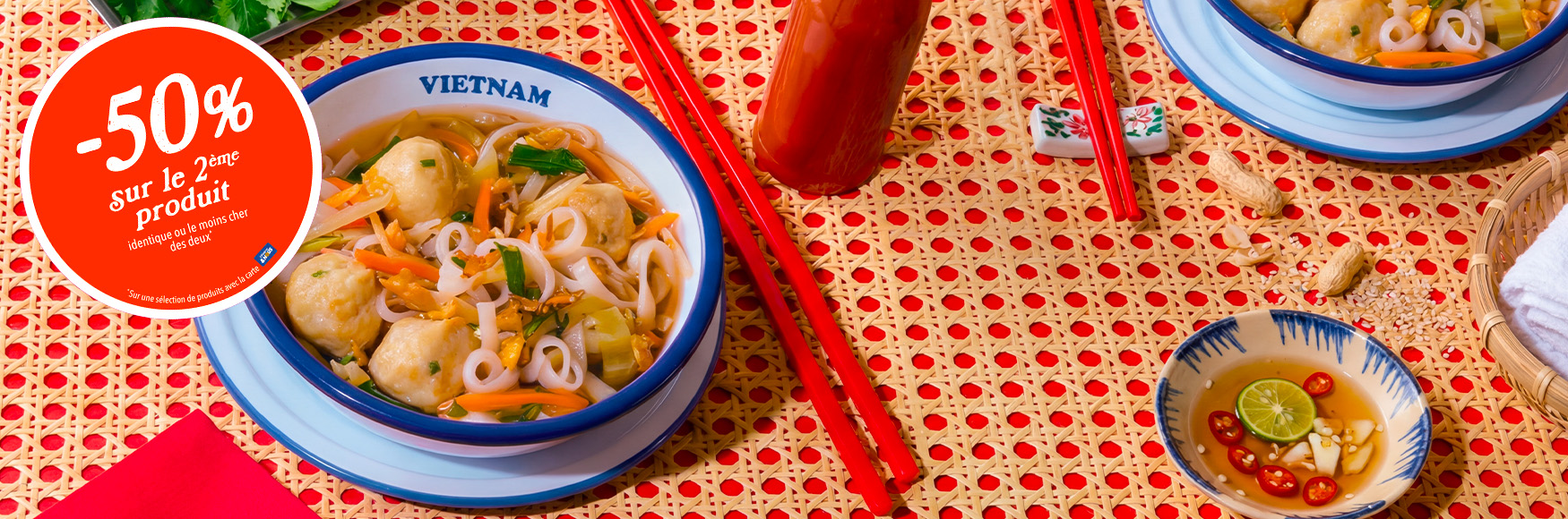 visuel d'une soupe &agrave; la vietnamienne  avec un sticker -50% sur le 2&egrave;me produit