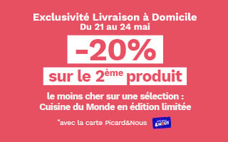 visuel proposant -20% sur le 2&egrave;me produit achet&eacute; parmi une s&eacute;lection du 21/05 au 24/05 exclusivement en livraison &agrave; domicile. 