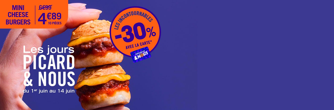 Image promotionnelle Picard & Nous avec deux mini cheeseburgers en gros plan et visuel d&rsquo;offre -30 % du 1er au 14 juin sur une s&eacute;lection de produits