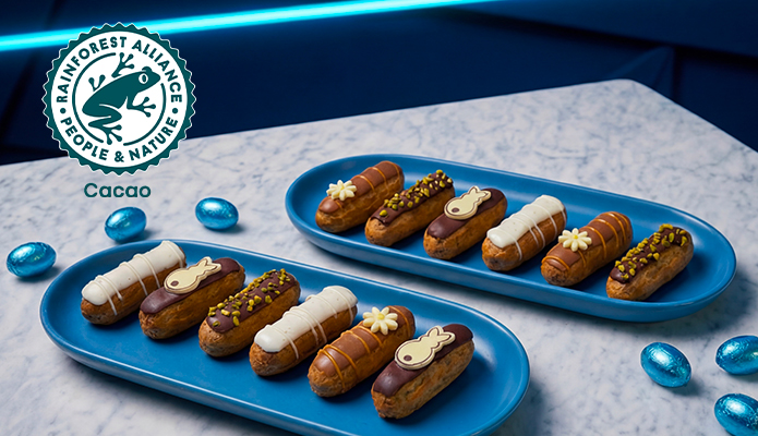 vue sur cloche pâtissière Picard avec du chocolat rainforest alliance logo présent sur l'image 