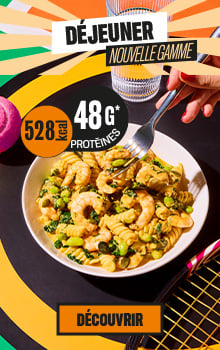 D&eacute;jeuner hyperprot&eacute;in&eacute; compos&eacute; de p&acirc;tes, crevettes et l&eacute;gumes, 48 g de prot&eacute;ines pour 528 calories