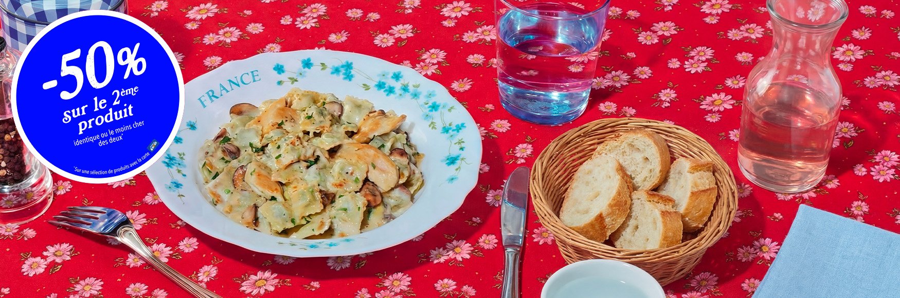 visuel d'un plat de ravioles avec poulet et champignons  avec un sticker -50% sur le 2&egrave;me produit